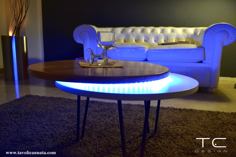 Round coffee Table wooden modern / low / living room LED 
