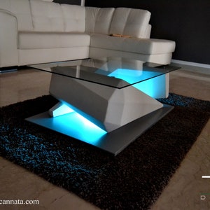 Modern coffee table with led lights in wood and glass Silver model image 2