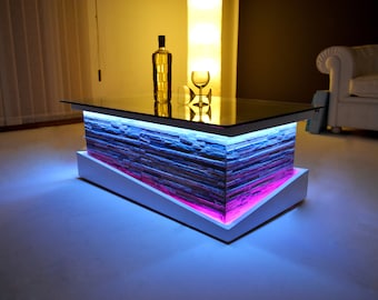 Stone model coffee table with led lights - glass top