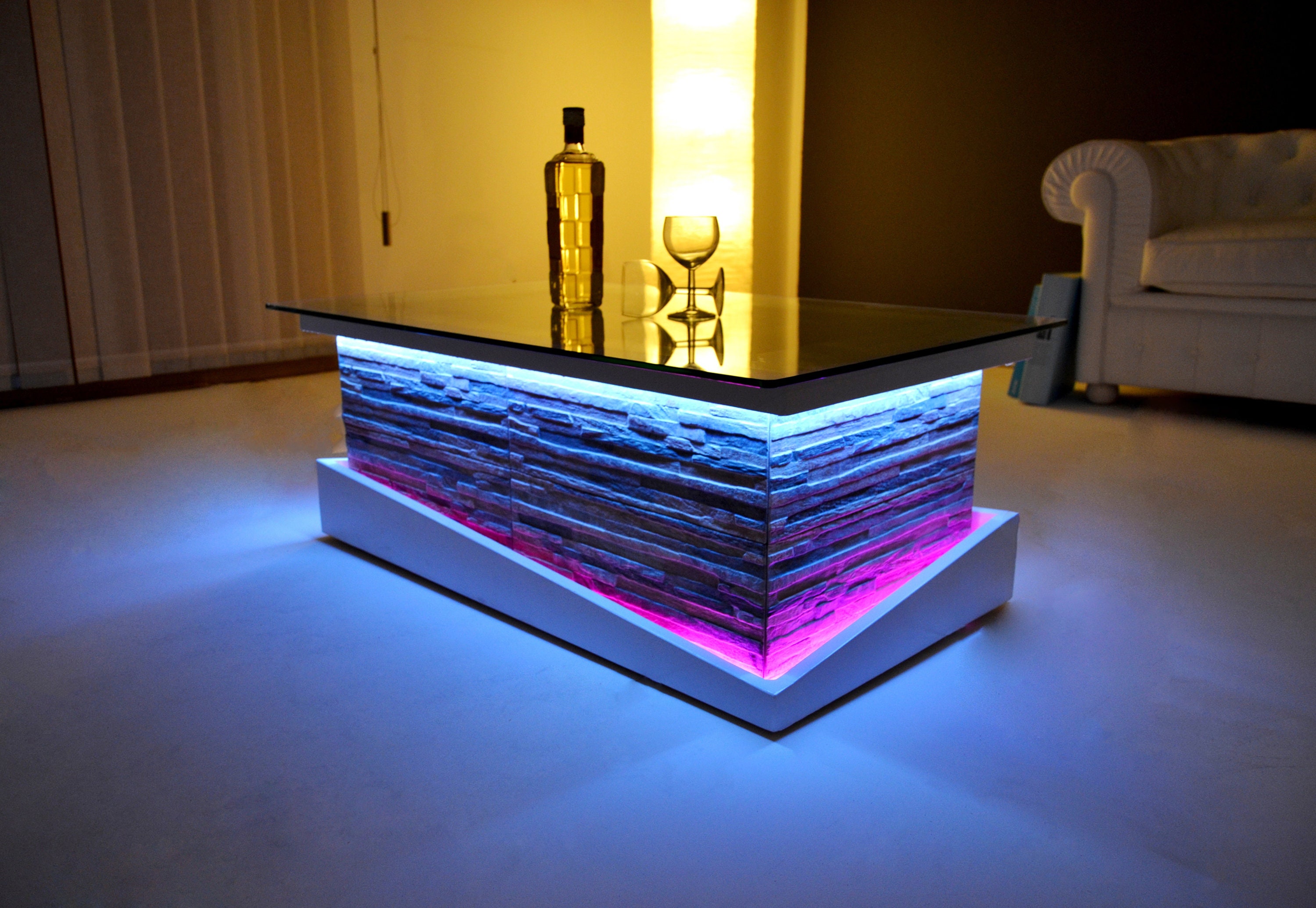 Stone Model Coffee Table With Led Lights Glass Top 