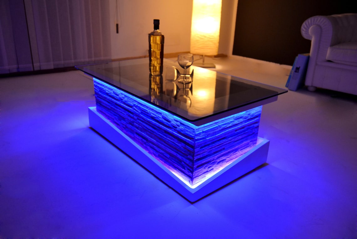 Stone Model Coffee Table With Led Lights Glass Top Etsy