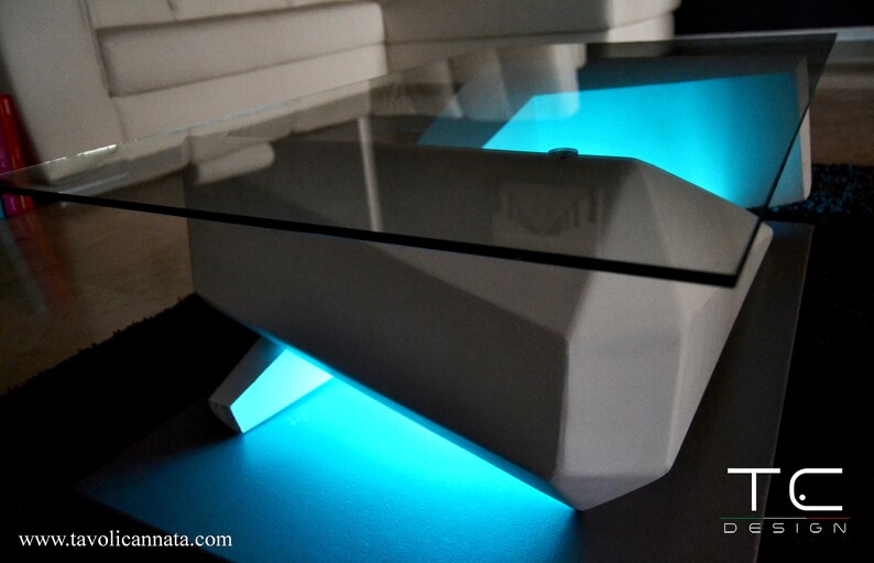 Modern coffee table with led lights in wood and glass Silver model image 3