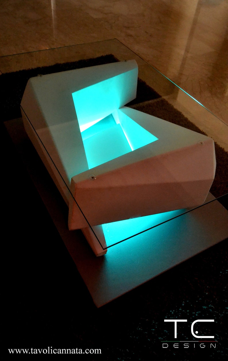 Modern coffee table with led lights in wood and glass Silver model image 8