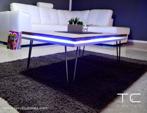 Tavolino da salotto moderno in legno con luci led Modello Evo colore bianco  -  Italia