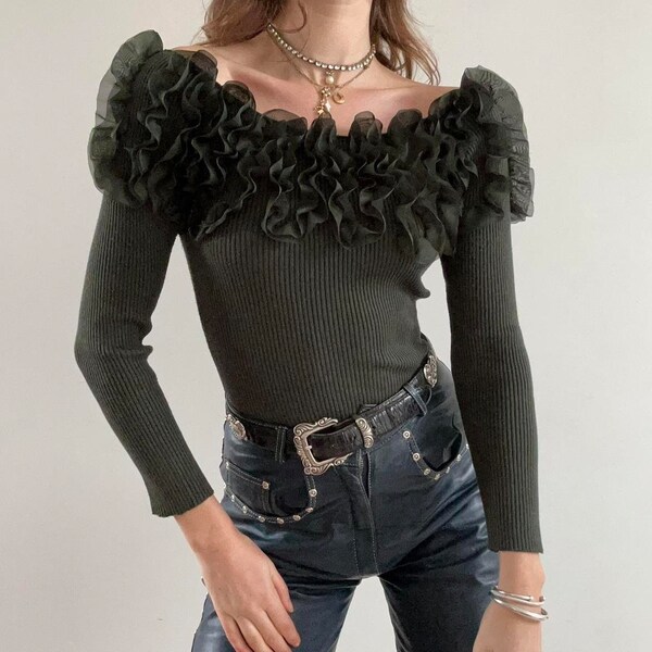 Vintage Green Ruffle Bardot Longsleeve Top