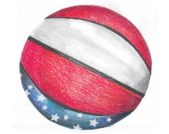 May include: A red, white, and blue ball with stars on the bottom half. The ball is drawn in a cartoon style.