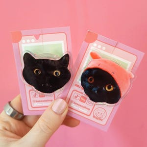 Op de afbeelding: Twee katvormige acrylspelden. Eén speld toont een zwarte kattenkop, de andere een zwarte kat met een roze capuchon. Beide spelden zitten op roze achtergrondkaarten met social media-iconen en de tekst "@beecanshop".