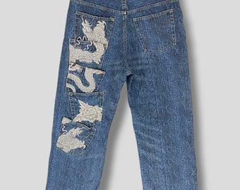 Size 35 Vintage Karakuri snake skin pattern embroidered logo multipocket jeans japanese brand streetwear hip hop casual denim bottom wear