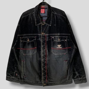 Vintage Pelle Pelle Marc Buchanan Denim Line Samt beflockt Jacke Designer Streetwear Hip Hop Casual Outfits Modejacke Schwarz Large