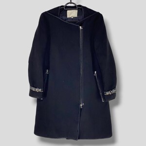 3.1 フィリップ・リム レザー スリーブ バックル ウール シルク混 ノーカラーコート デザイナー カジュアル アウター アバンギャルド ブラック レディース サイズ 0
