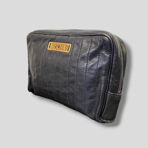Vintage Moschino logo quilted leather clutch bag designer casual black leather sack moneybag