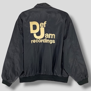 Rare Vintage 90s Def jam recordings spellout embroidered logo bomber jacket hip hop record label black light bomber jacket size Medium