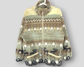 Chaqueta polar vintage rosa con cuello Fair Isle, marca japonesa, ropa de abrigo informal, chaqueta cálida con cremallera y estampado nativo, talla mediana