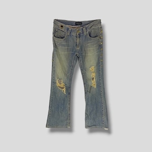 Size 34 Vintage Y2K Vanquish distressed low rise flare jeans Japanese brand streetwear destroyed denim pant grunge punk bottom wear