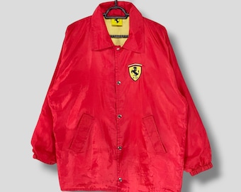 Vintage 90s Ferrari coach jacket italian motorsport athletic streetwear casual outerwear snap button jacket windbreaker red Medium