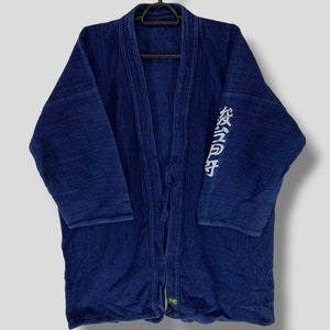 Vintage indigo sashiko hanten noragi jacket Japanese streetwear casual outfit outerwear wrap jacket heavy kimono indigo blue Medium