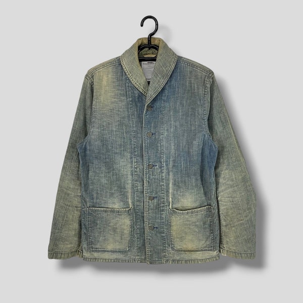 Visvim shawl collar distressed chore jacket french work casual outfits fashion work wear utility outerwear USN military style blue size 2