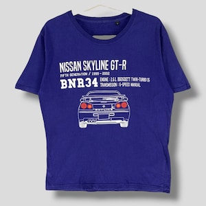 Camiseta vintage Y2k Nissan Skyline GTR R34, con especificaciones, ropa urbana deportiva, camiseta de verano JDM de automovilismo, azul, talla mediana