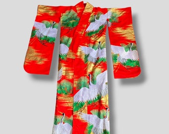Stunning bright red Vintage heavy thick embroidered cranes with golden scenery silk uchikake kimono Japanese traditional clothing outerwear