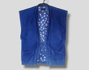 Vintage Sasakuro gensho natural cotton indigo kimono hanten denim vest jacket Japanese streetwear casual outfits outerwear noragi blue Large