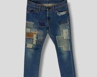 Vintage hysterische glamour patchwork jeans Japanse designer grunge punk sashiko boro stijl denim broek indigo maat w32
