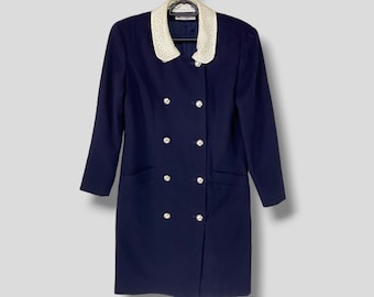 Vintage Courreges double breasted lace collar wool coat designer casual outfits fashion womenswear long jacket blue size 9AR