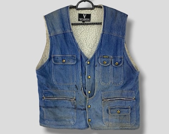 Vintage Valiantas fleece line distressed denim vest jacket outdoor streetwear casual outfits outerwear utility sleeveless jacket Medium