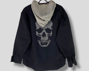 Vintage Skullshit logo hoodie japanese brand punk rocker works casual outfits fashion button lightweight jacket black Medium