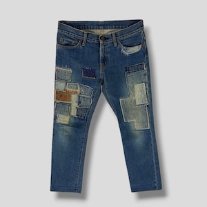 Size 32 Vintage Hysteric glamour patchwork denim pant Japanese designer grunge punk casual outfits fashion sashiko boro jeans indigo blue