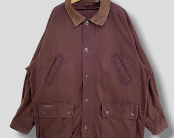 Vintage des années 90 toile de coton Timberland garniture en cuir veste de travail vêtements de travail tenue décontractée utilitaire vêtement d'extérieur robuste manteau de chasse marron XXL