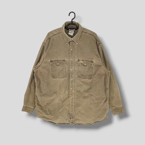 Vintage Carhartt button down work shirt workwear casual outfits fashion rugged outdoor wear sunfaded double pocket shirt XLarge