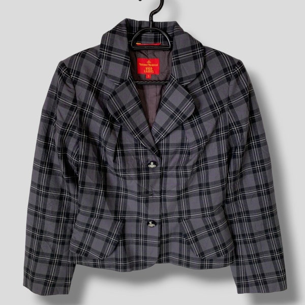 Vintage 90s Vivienne westwood cropped ruffled single breasted tartan plaid blazer designer business casual outfits fashion women suit size 3