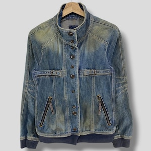 Vintage Marithe francois girbaud strap buckle denim jacket designer rugged casual outfit outerwear moto jacket womenswear blue XSmall