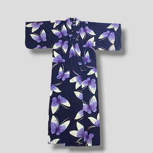 Vintage Schmetterling Blume Allover Print Inidigo Yukata Kimono japanische traditionelle Kleidung Oberbekleidung Robe Wrap Jacke