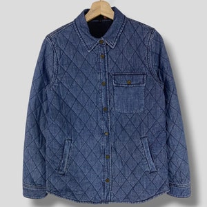 Vintage Y2K Guess quilted denim jacket streetwear casual outfits fashion outerwear light jeans snap jacket blue womenswear Small