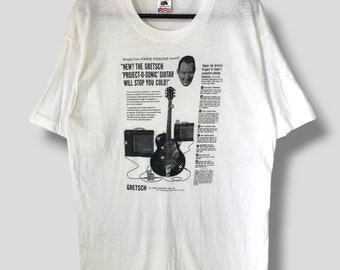 Vintage 90s Gretsch Project-O-Sonic advertising promo tshirt music instrument streetwear casual tee Jimmie webster single stitch white Large