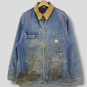 Vintage 80s Pointer brand blanket lined distressed denim chore jacket workwear outfit outerwear rugged thrashed grunge utility coat Large