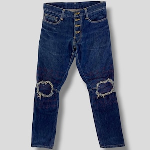 Size 32 Vintage Christopher Nemeth iconic red stitched patch knee denim pant designer wearable art design sashiko boro jeans style Harajuku