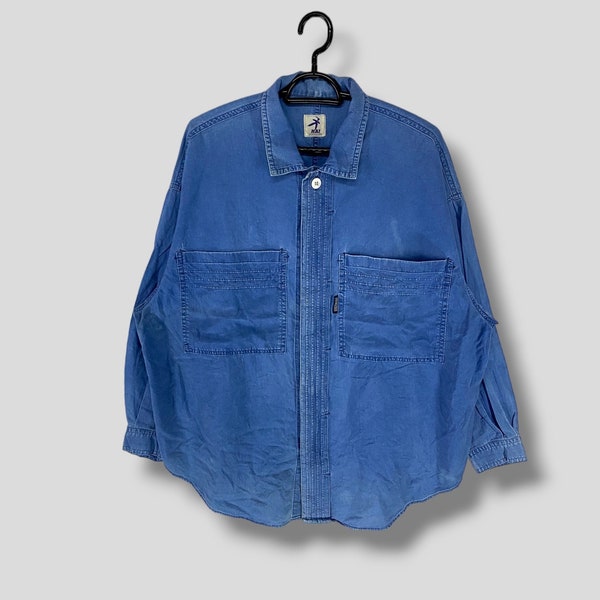 Vintage des années 90 Issey Miyake Hai équipement de sport plissé en jean boutonné chemise designer tenues décontractées mode double poche oxford bleu oversize