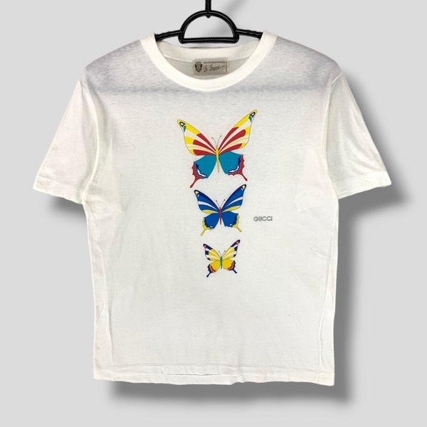 Vintage Gucci multicolor butterfly logo tshirt Gucci 70s 80s knight crest era high end designer casual outfits single stitch tee white Small
