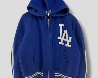 Vintage 70s LA Dodgers quilted lined wool hoodie varsity jacket collectible MLB athletic streetwear zip up hooded jacket Medium