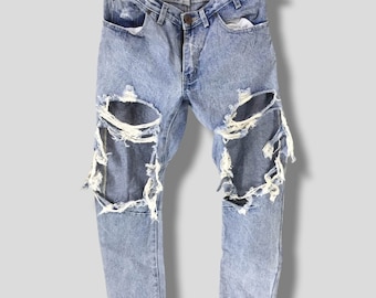 Pantalones vaqueros vintage Y2K One X One Spoon desgastados, estilo urbano, grunge, informales, lavado ácido, deconstruidos, talla W29