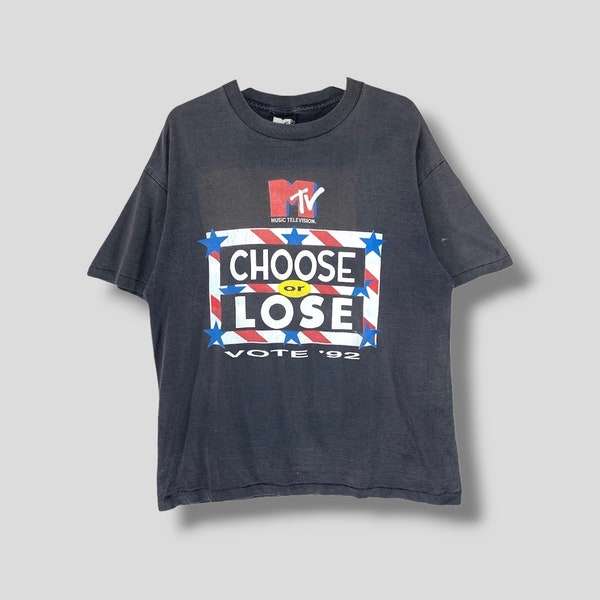 Vintage 90s MTV choose or lose tshirt political election tee hip hop streetwear black shirt single stitch music television size XLarge