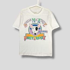 Vintage 80s spuds mckenzie party frenzy tshirt bud light dog white single stitch tee size Medium