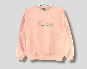 Vintage Courreges multicolor embroidered logo sweatshirt designer casual outfit warm crewneck sweater jumper womenswear pink Large