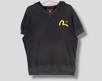 Evisu embroidered logo hoodie pullover Japanese brand evisu yamane short sleeve sweater faded black Medium