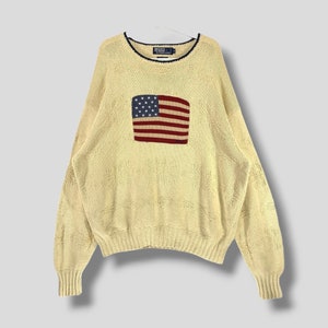 Vintage 90s Polo Ralph Lauren american flag snowflakes handknit knitwear sweater designer streetwear hip hop men beige pullover size XLarge