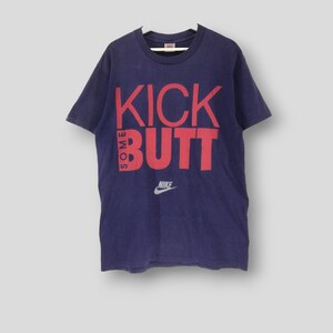 Vintage 90er Jahre Nike Kick Some Butt Tshirt Streetwear Casual Outfit nike grau Single Stitch Tee blau Medium