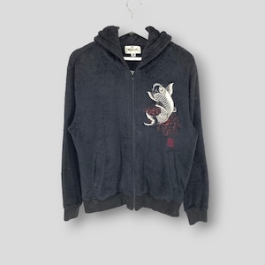 Vintage Karakuri koi fish embroidered logo hoodie fleece jacket japanese brand streetwear casual outfit outerwear zipper jacket black Medium