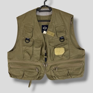 Vintage 90s Columbia multi pocket tactical hunting vest outdoor utility gorpcore casual outfits fishing shooting vest beige Large